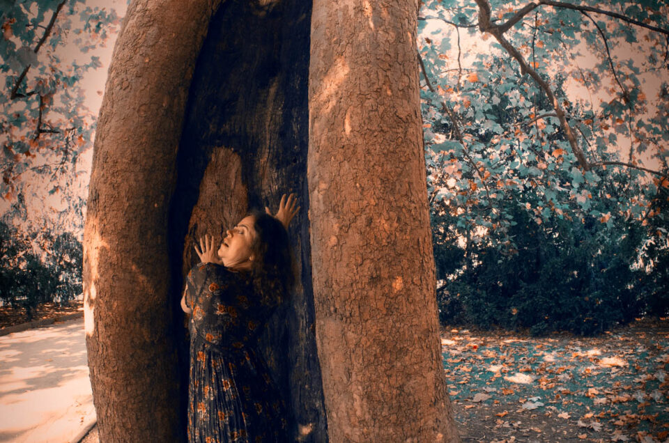 Fear expression on a woman using a tree as her protection