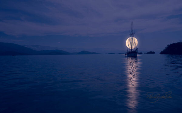 A boat in sea by night