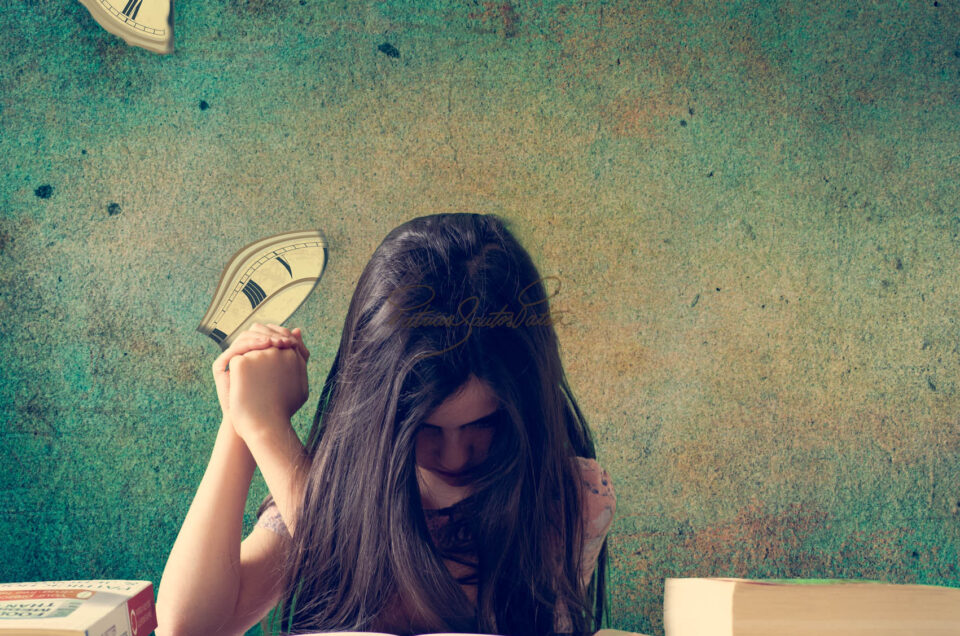 A girl holding a quarter of a clock in a conceptual photograph related to the time passing by