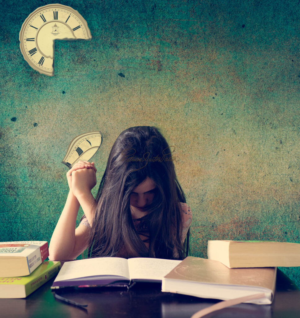 A girl holding a quarter of a clock in a conceptual photograph related to the time passing by