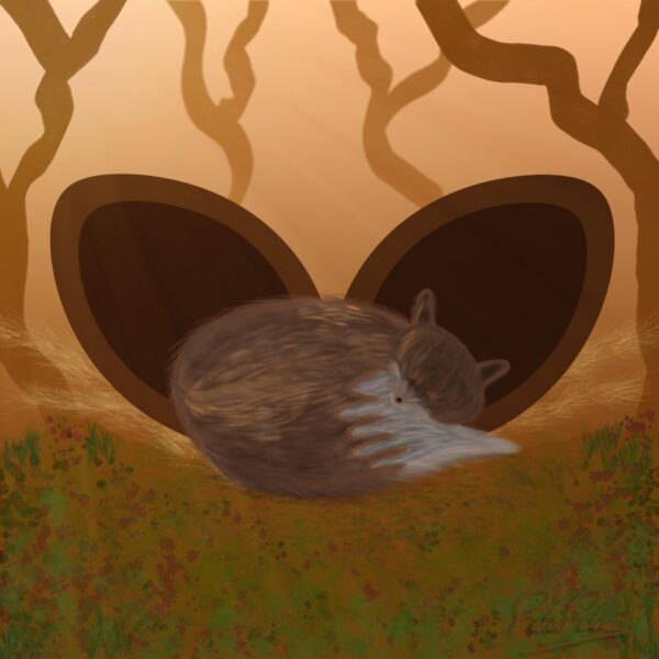 An illustration of a baby fox in front of a chocolate easter egg