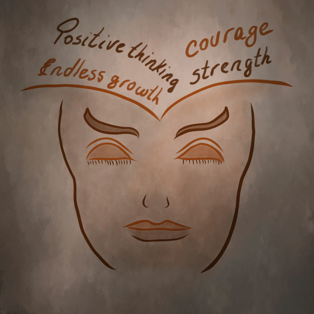 Drawing and painting of a woman's features with an empowered message