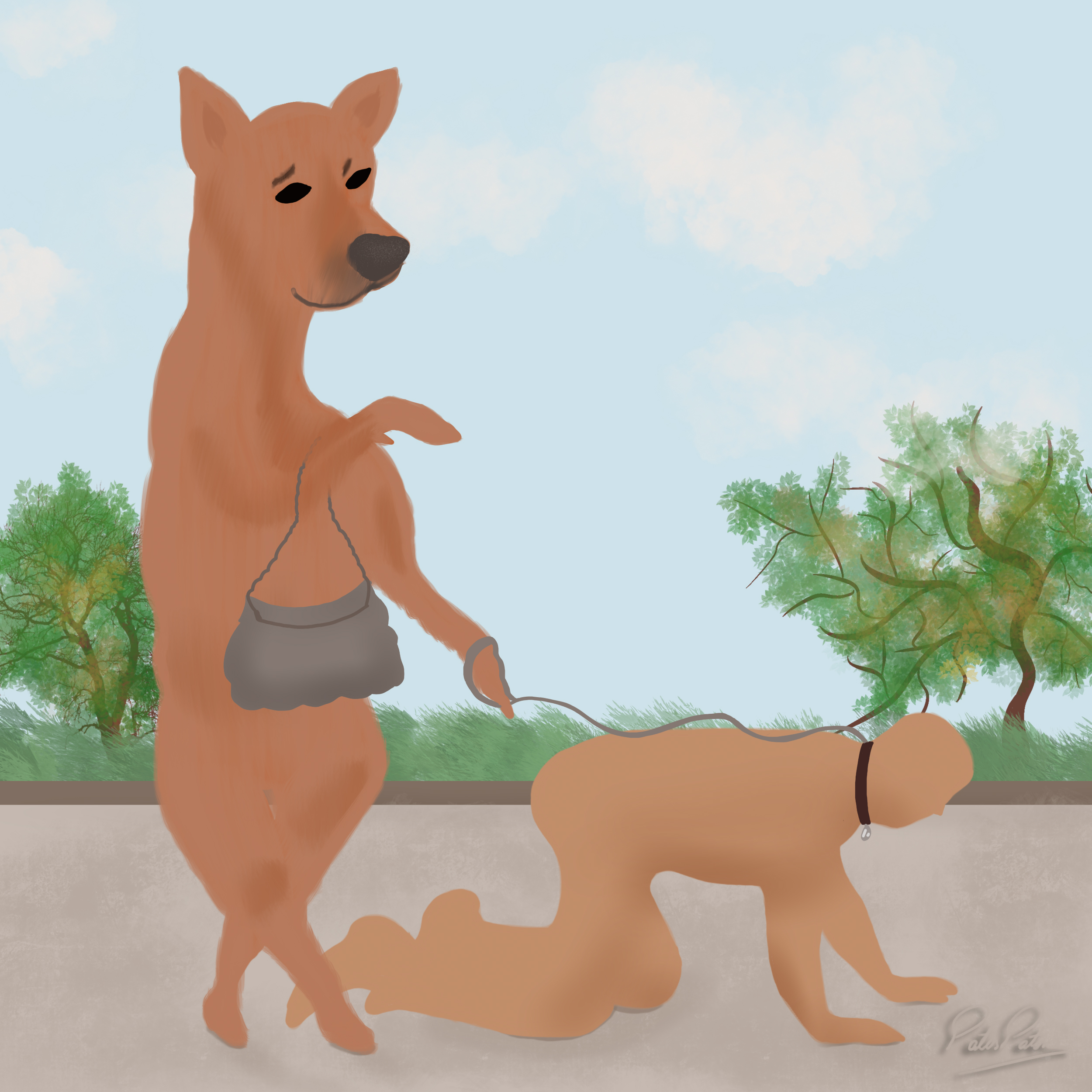 Illustration of a dog walking his man