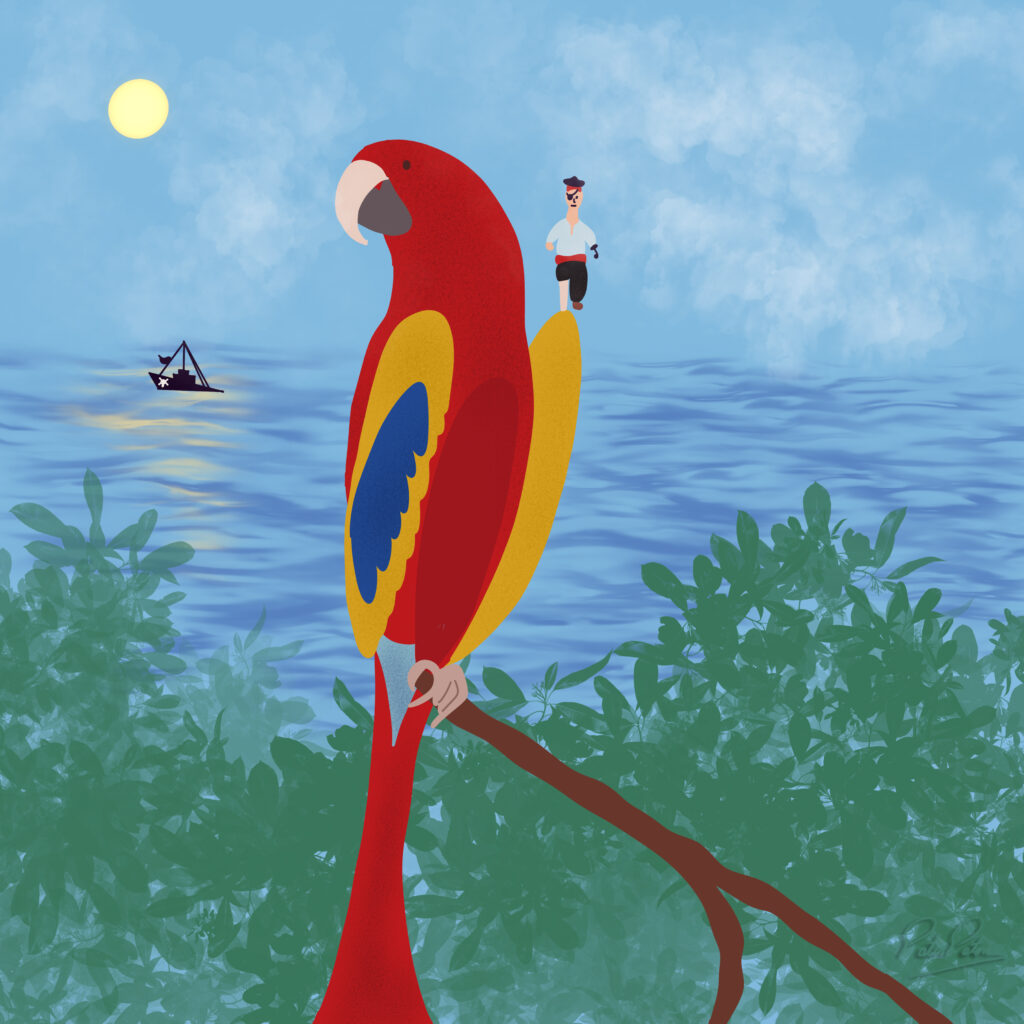 An illustration of a parrot with a pirate on its shoulder near the sea.