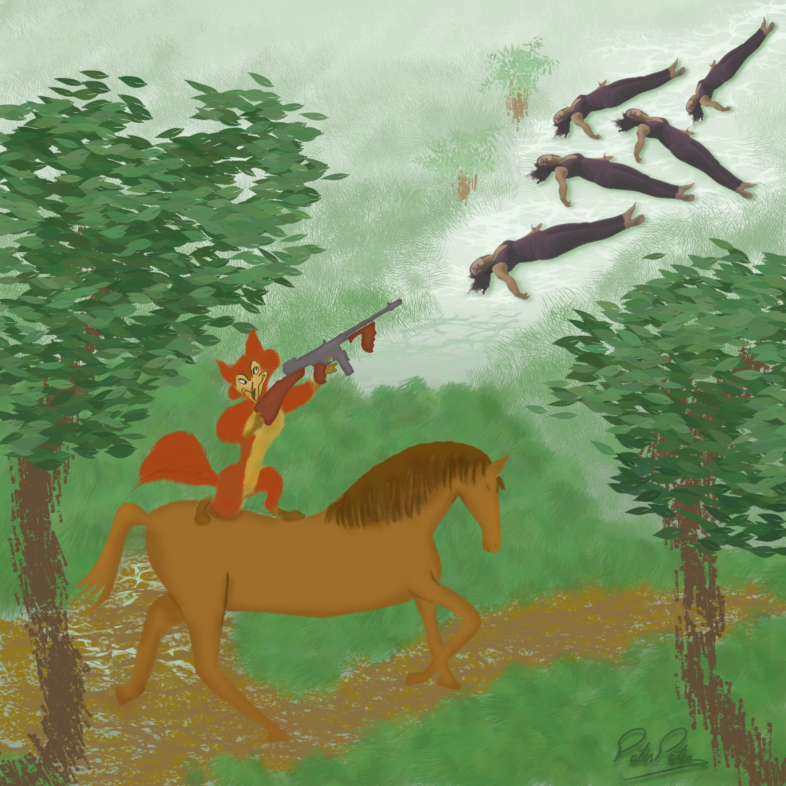 Illustration of a fox on top of a horse hunting human beings.