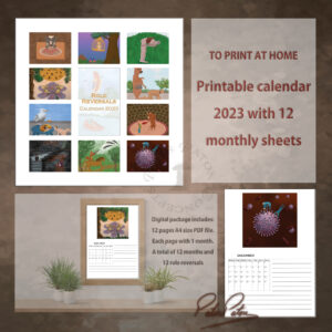 Printable calendar 2023 showing samples of pictures included and the sheets
