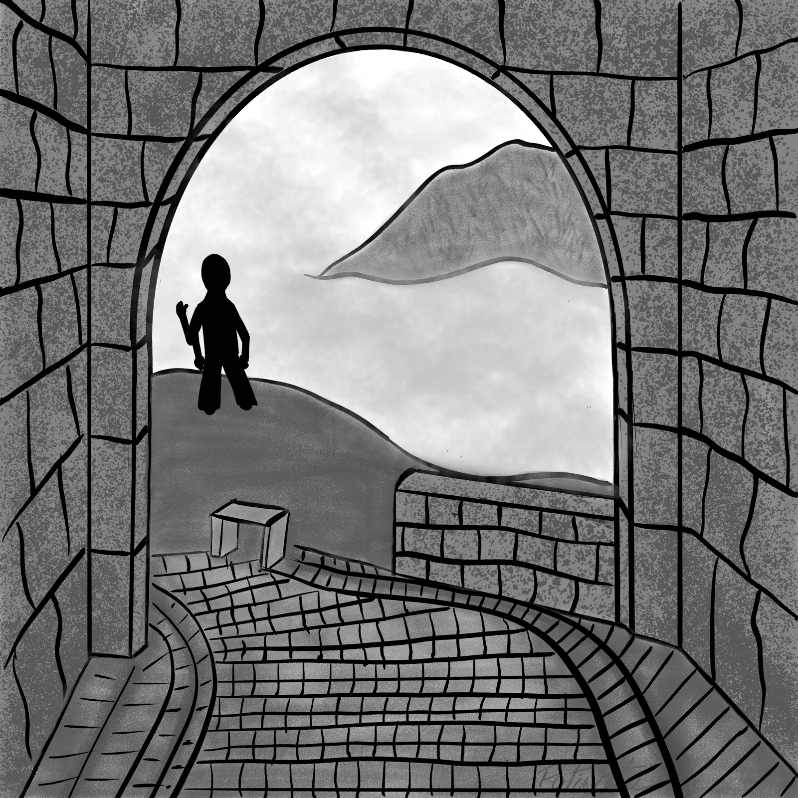 Illustration of a man overlooking a misty landscape after passing by an arch
