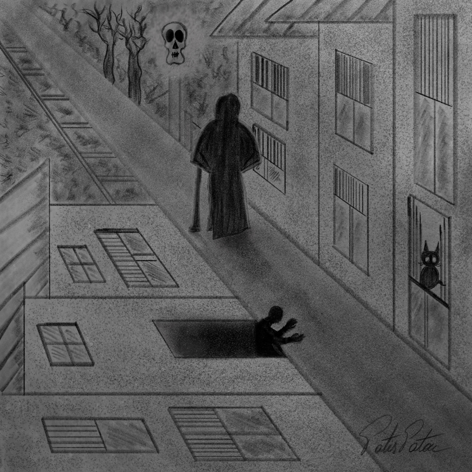 Black and white illustration with a figure in black walking on a dark valley
