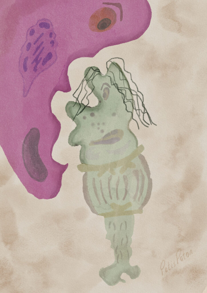 watercolour of a macrophage and a bacteria as an example of when art meets science