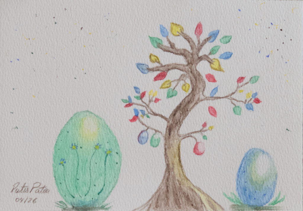 Watercolour painting with a tree and Easter eggs