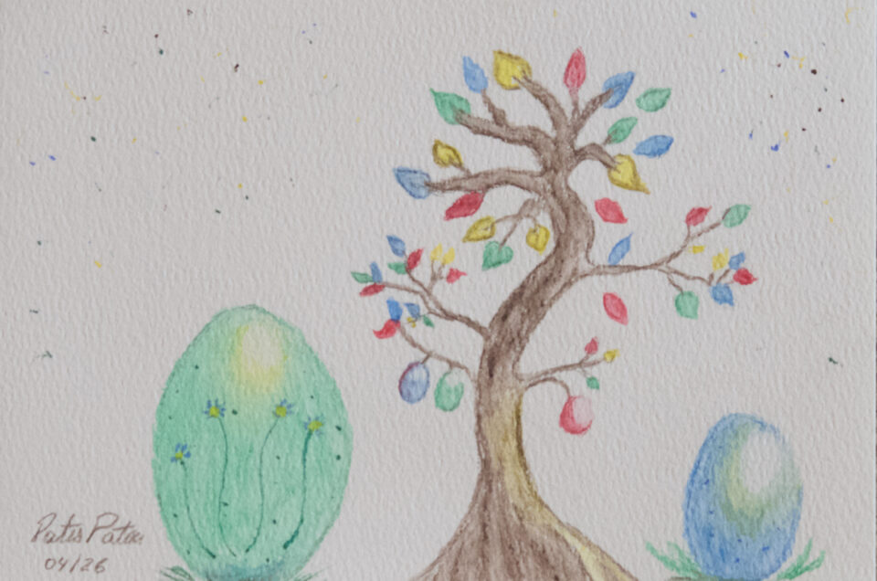 Watercolour painting with a tree and Easter eggs